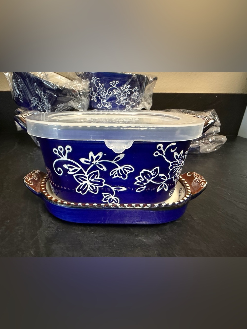 Temp tations Floral Lace Oval Ramekin with tray and plastic lids-set of 4